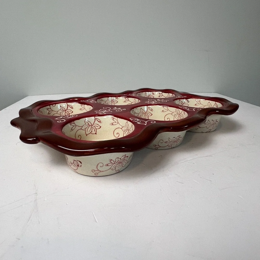 Temp-tations Muffin Pan 6 Cup Cranberry Red Floral Lace Ceramic Stoneware Baker